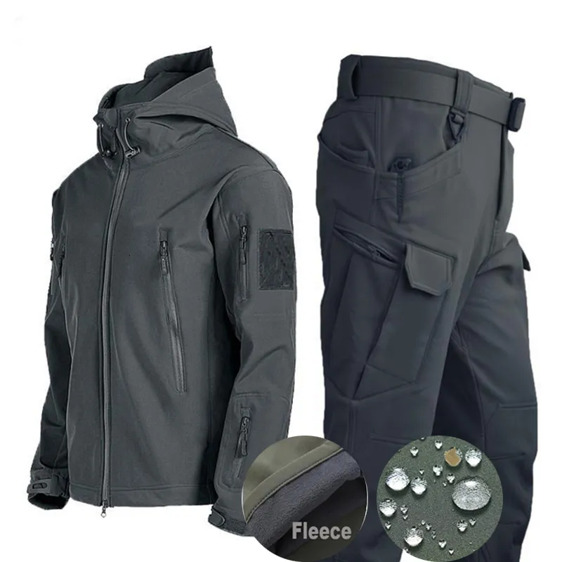 Männer Trainingsanzüge Winter Herbst Set Männer Armee SoftShell Taktische Wasserdichte Jacken Angeln Wandern Camping Klettern Fleece Jacke Mit Kapuze 230909