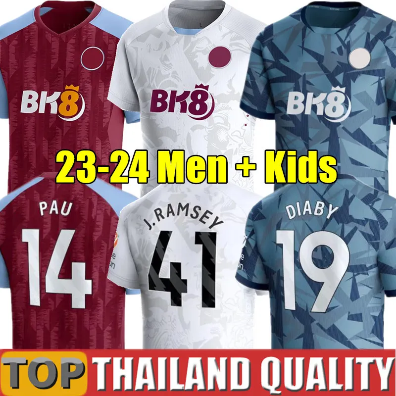 23 24 Diaby Soccer Jerseys PAU RAMSEY WATKINS Chemise de football Set 2023 2024 DOUGLAS LUIZ KAMARA BUENDIA BAILEY Hommes Enfants Kit MCGINN ZANIOLO AsTON VilLaS gardien de but