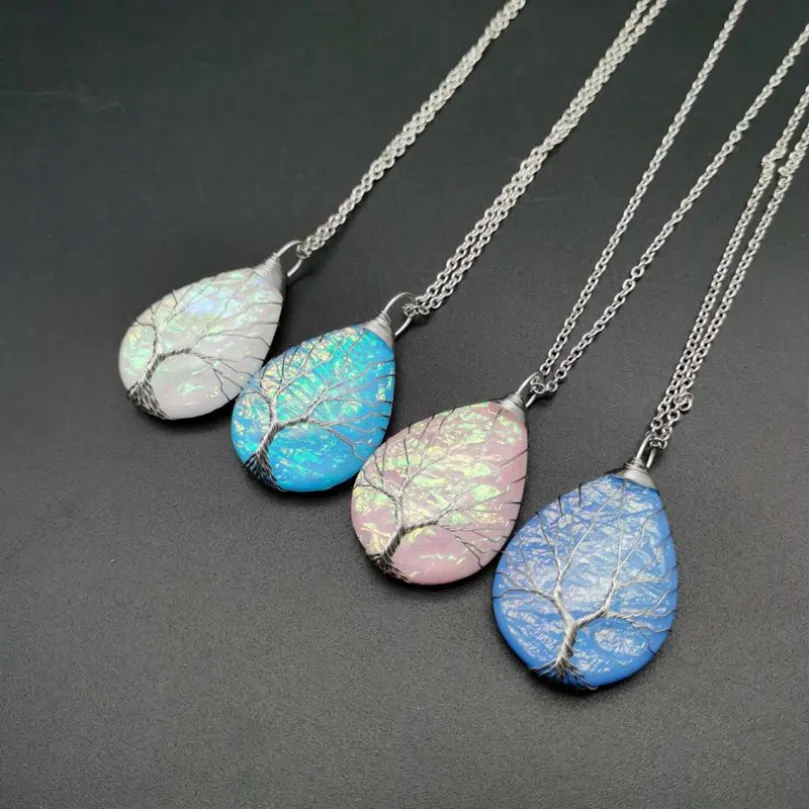 Update Levensboom Teardrop Hart Ketting Koperdraad Gewikkeld Edelsteen Healing Chakra Ketting voor Dames Mode-sieraden