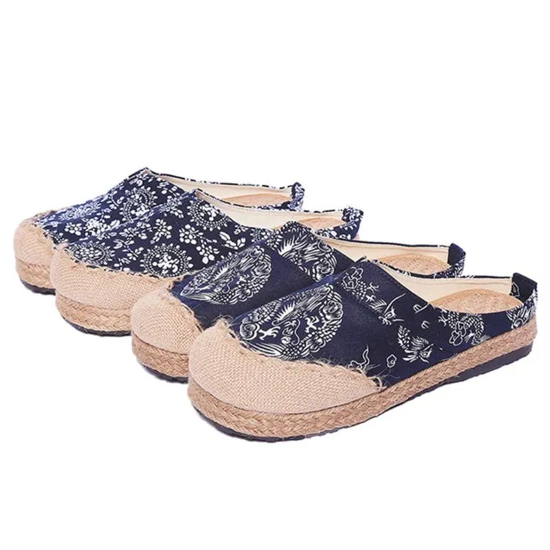 Pantofole da donna in lino cinese vintage morbide ballerine casual slip on punta tonda scarpe in tessuto di tela di cotone donna taglie forti 35-40