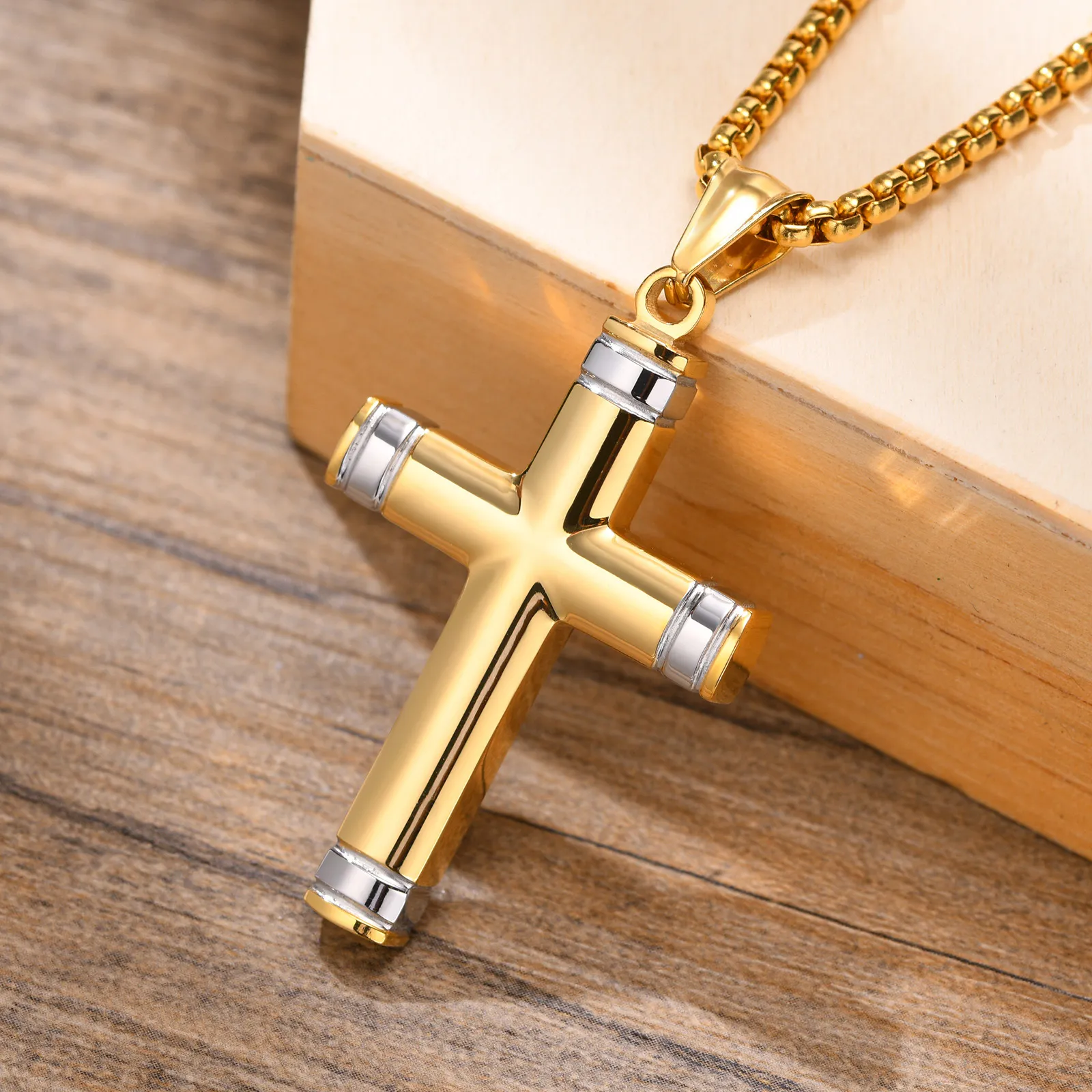 Fashion Solid Stainless Steel Cross Pendant Necklace Rolo Chain For Mens Boys 3mm 24inch Gold Plated n1591