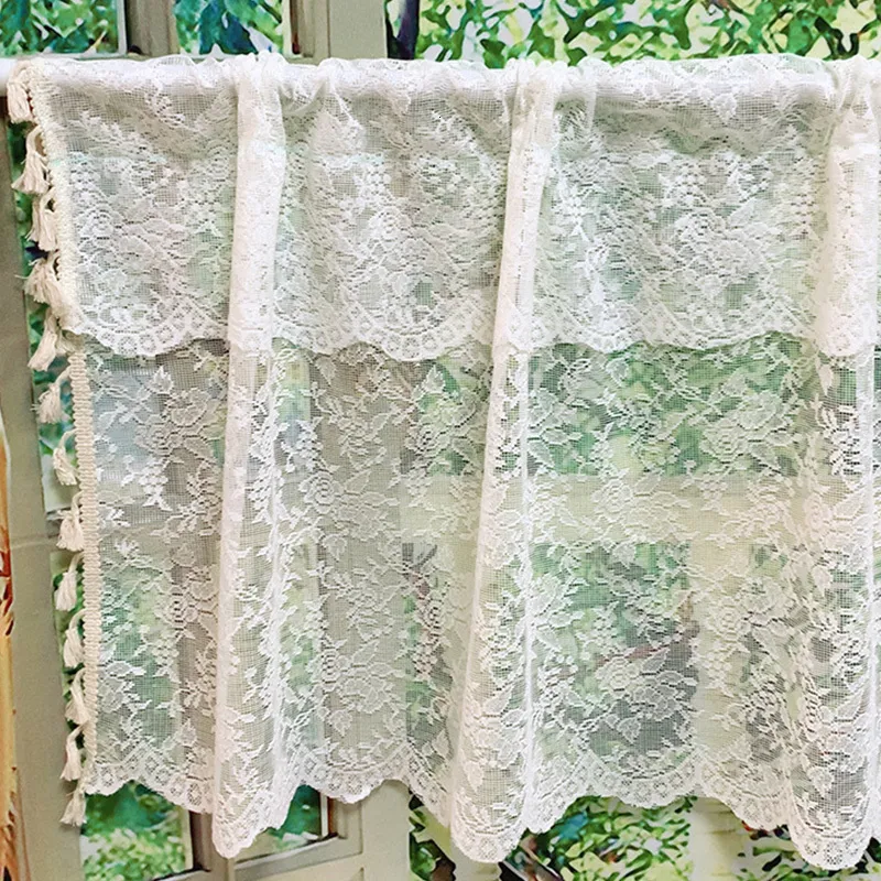 Rideau Floral Rose Dentelle Fenêtre Valance Vintage Tricoté Semi Sheer Rod Pocket Rideaux pour Cuisine Café Salle À Manger 1 Pc TJ9423 230909