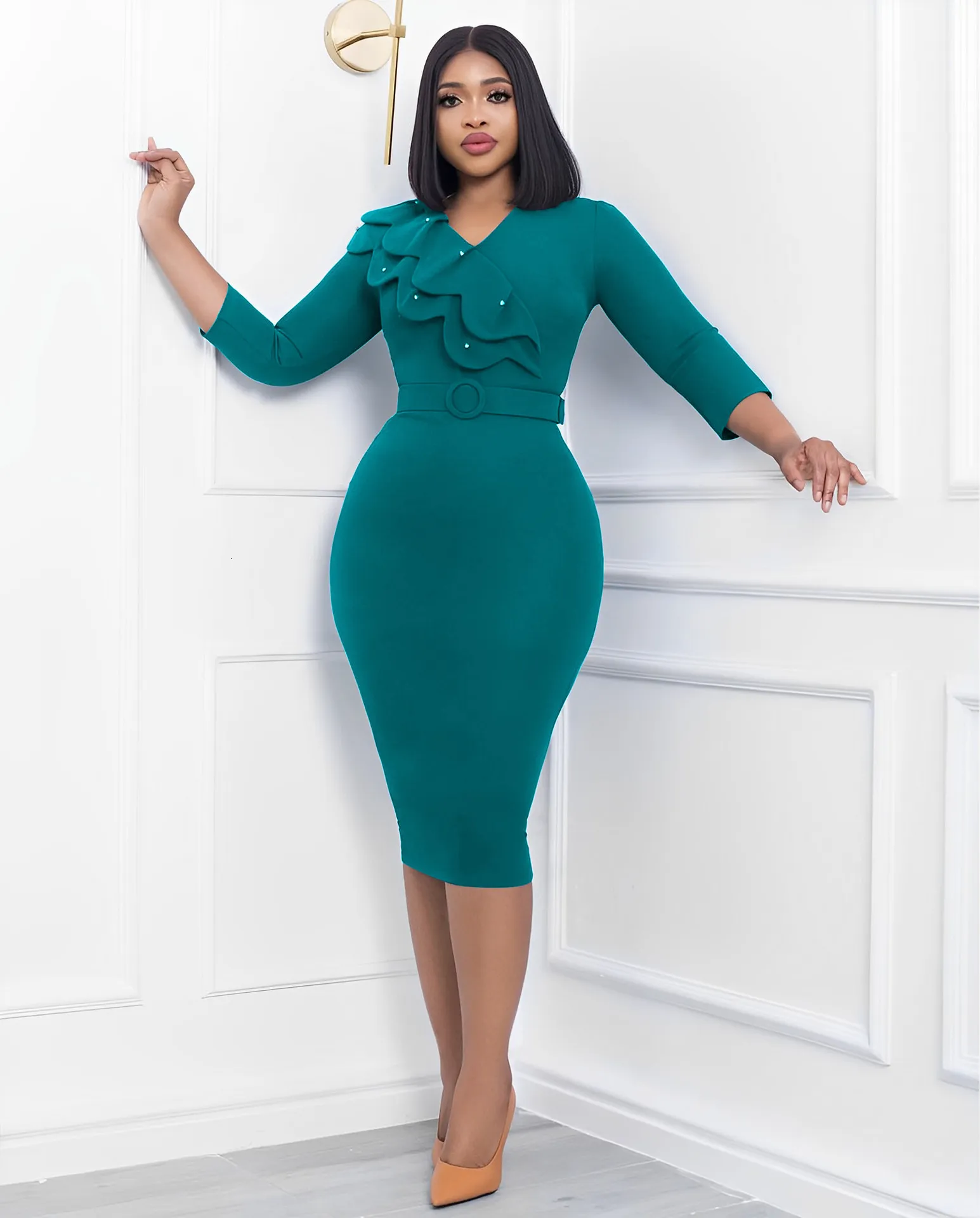 Elegant African Womens Office Office Dress For Women With Ruffle Pearl Belt  Urban Slim Fit For Autumn/Winter Style No. 230909 From Hu03, $21.77