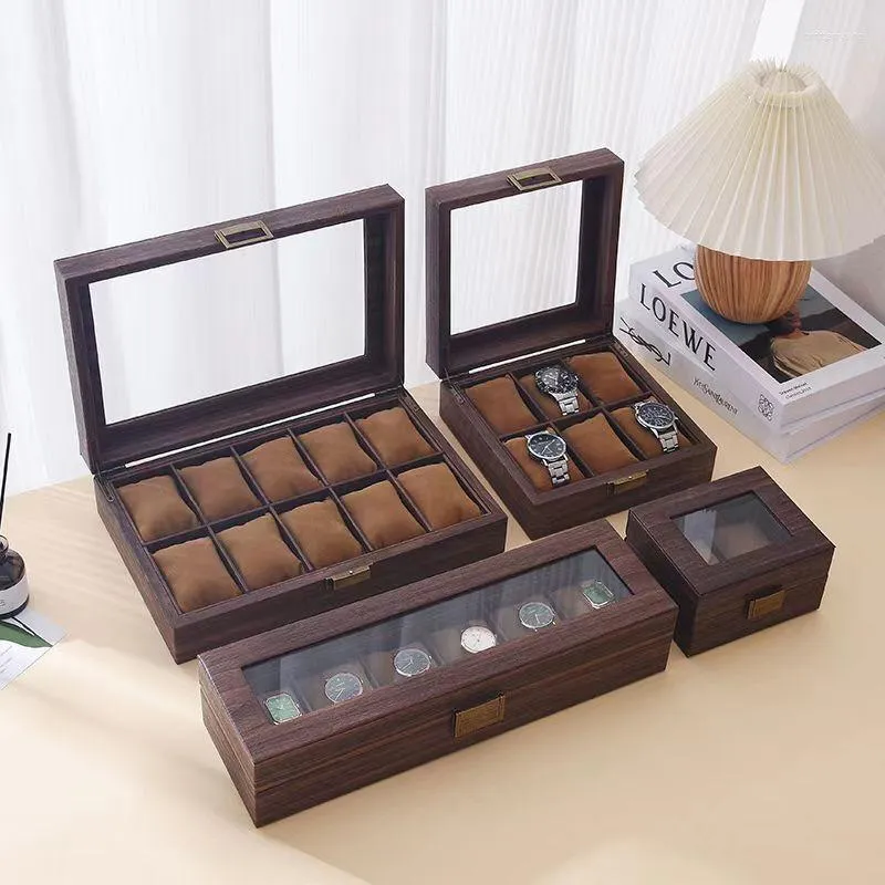 Watch Boxes Brown Color Luxury Wooden Case With Large Glass Lid Home Organizer Gift For Loved Ones