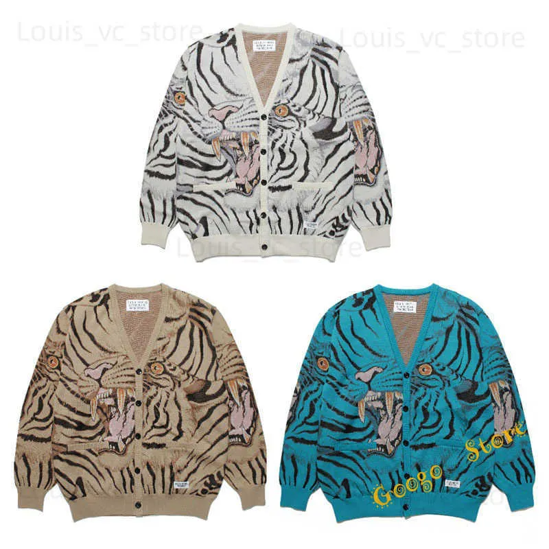 【美品】WACKO MARIA JACQUARD CARDIGAN WACKO MARIA Blue/Khaki V-Neck Tiger Jacquard Cardigan