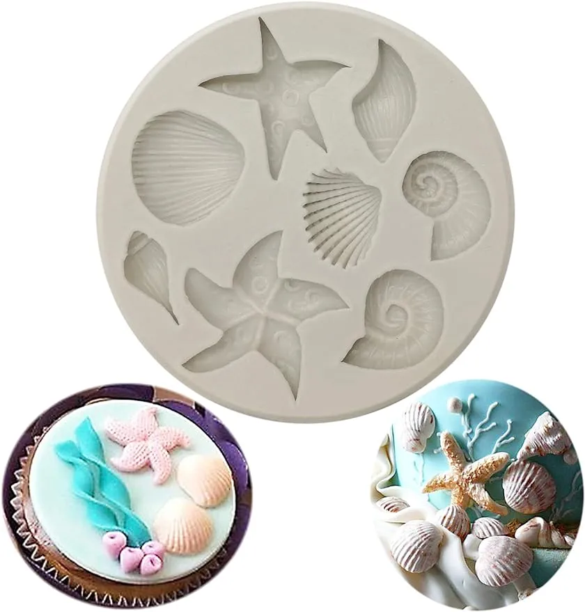 Molde de silicone fondant para bolo com tema marinho, concha, concha, estrela do mar, peixe, sob o mar, moldes artesanais para confeitaria 1224641