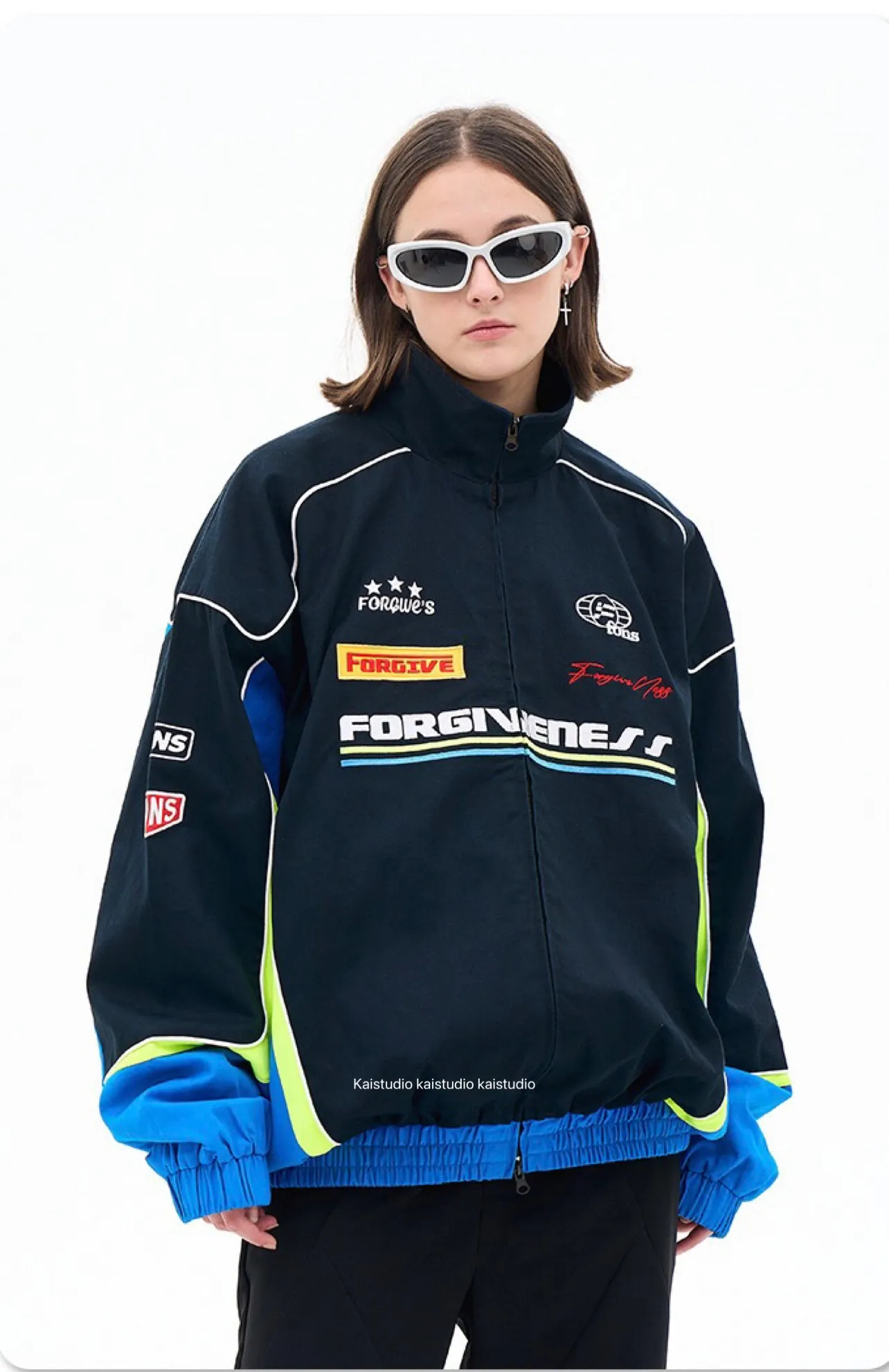 2023 Autumn/Winter Design Blue Racing Suit Casual mångsidig lös modepolo Krage Laddningsjacka