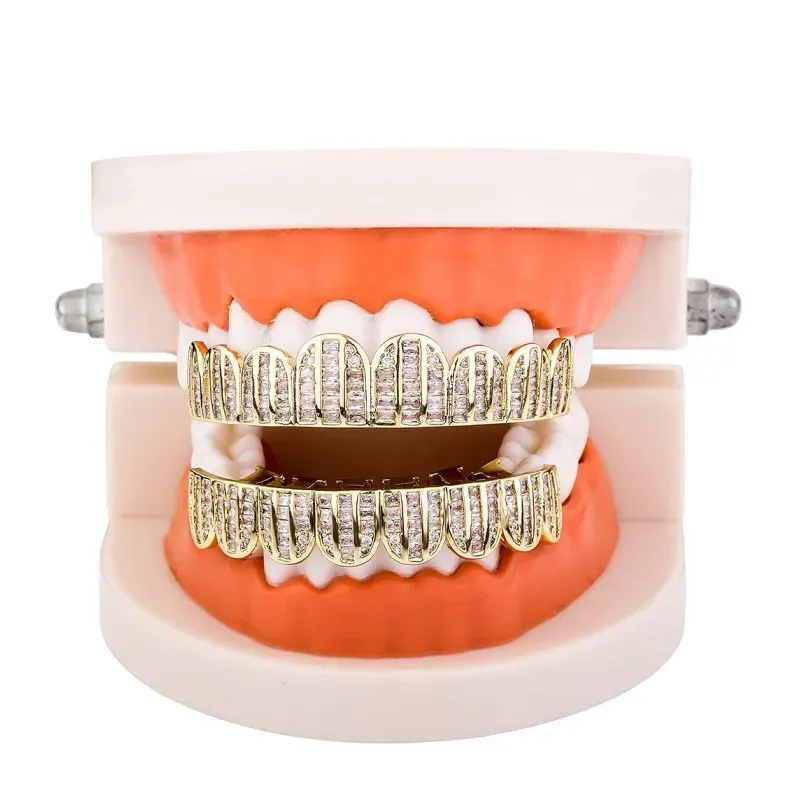 New Fashion Grills Silver Gold Plated Iced Out Baguette CZ Teeth Grillz Top Bottom Grills Set Jewelry Gifts for Men