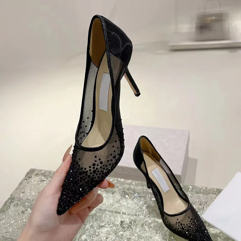 Designer-Freizeitsandalen, Luxusmarken-High-Heels, atmungsaktives Mesh-Gewebe, klare Kristalle, funkelnde Damen-Hochzeitskleid-Schuhe, Bein, langer Absatz, 8,5 cm hoch, mit flachem Absatz