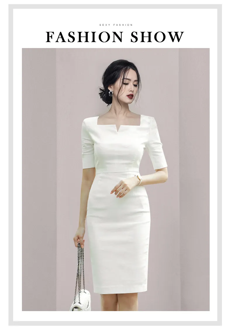 Basic Casual Dresses Womens New White Slim Formal Sheath Bodycon Pencil Dress Business Office Lady Evening Party Dresses Work