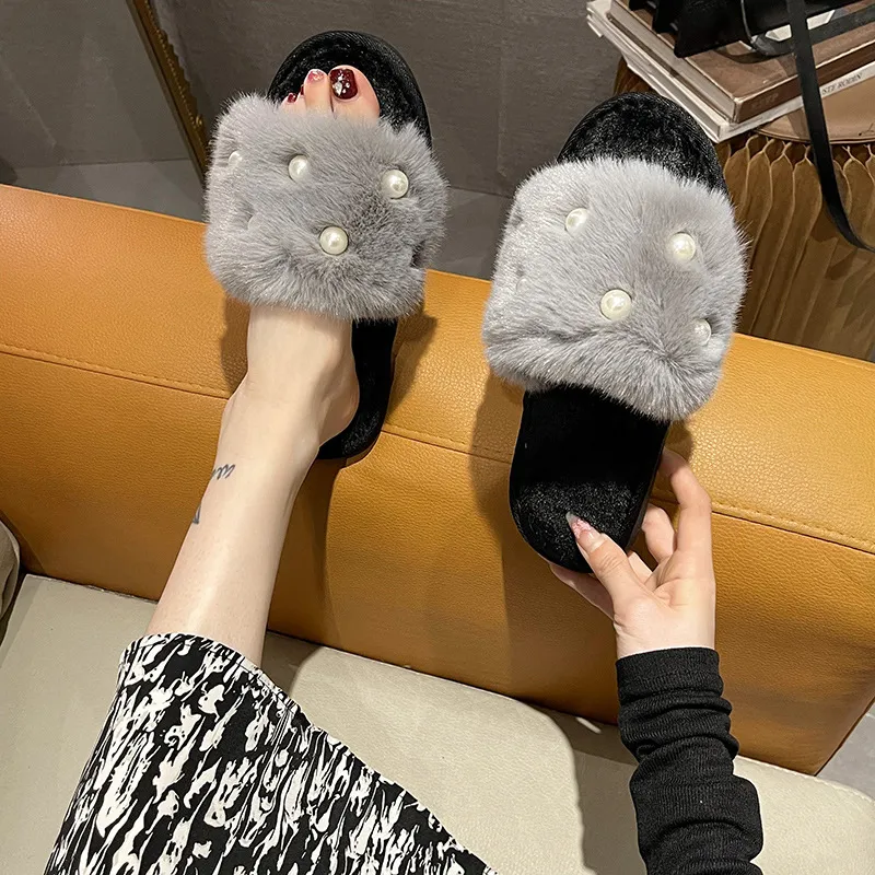 Fur flat bottom slippers women`s fashion flip flops home big fur pearl opening cotton slippers cross-border Foreign trade new style