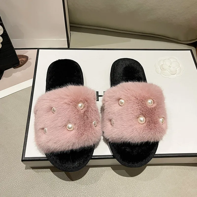 Fur flat bottom slippers women`s fashion flip flops home big fur pearl opening cotton slippers cross-border Foreign trade new style