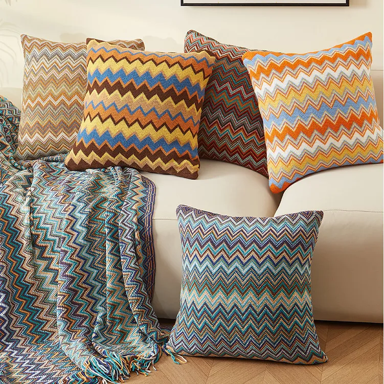 Pillow Case Knitted Cushion Cover Soft Boho Orange Green Flocking 45cm45cm for Home Decoration Living Room Bed 230909