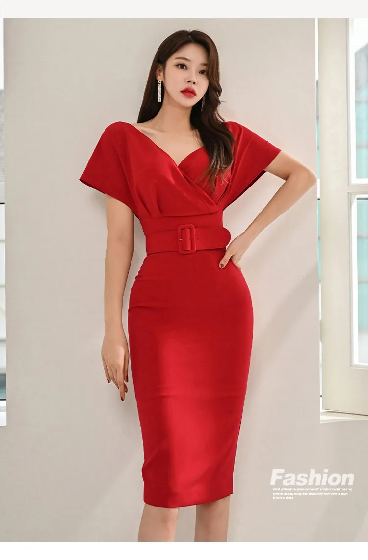 Temel gündelik elbiseler yaz bahar yaz ofis kalem elbisesi kadınlar dip kılıf elbiseler moda kırmızı/siyah ince vücutcon gündelik vestidos 2024
