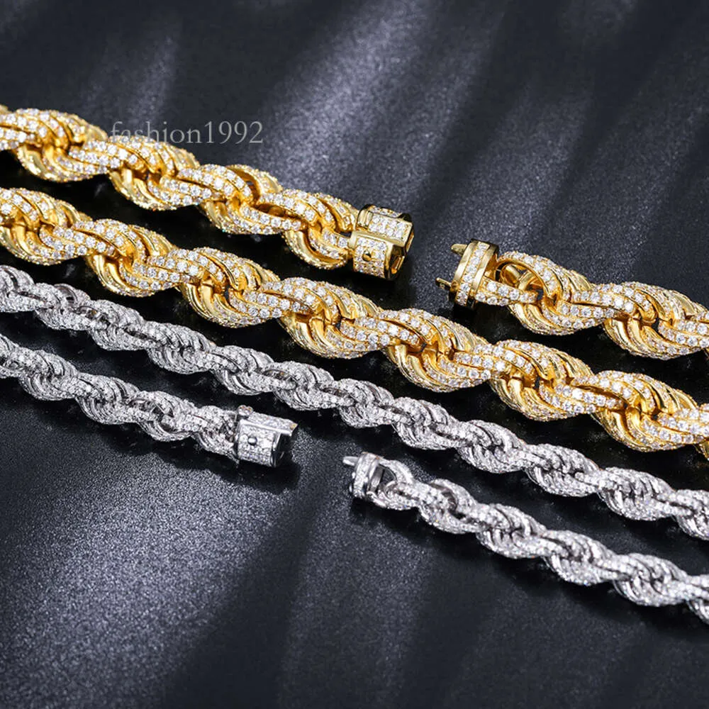 Silver Iced Out Rope Chain Sterling Halsband med diamanter 8mm och 12mm för mäns hiphop -smycken