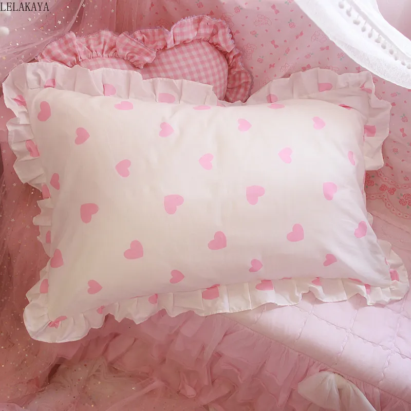 Caso de travesseiro 48x74cm rosa gêmeo coração coelho capa de algodão hairball ruffle fronha menina bonito cama brinquedo quarto decoração de casa 230909