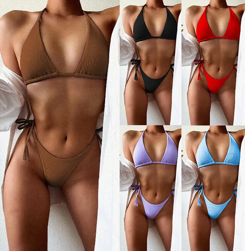 Costumes deux pièces Sexy Bikini ensemble taille basse plissé ondulé néon maillot de bain femmes pansements de plage maillot de bain monokini costume Push Up mode string maillot de bain Biquini nouveau