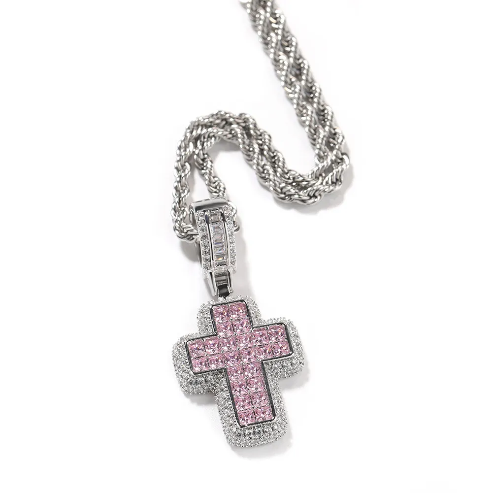 Hip Hop Rapper Men Shiny Diamond Pendant Gold Silver Necklace Square Pink Zircon Crucifix Pendant Zircon Jewelry Night Club Accessory Sweater Rope Chain 24inch 1841