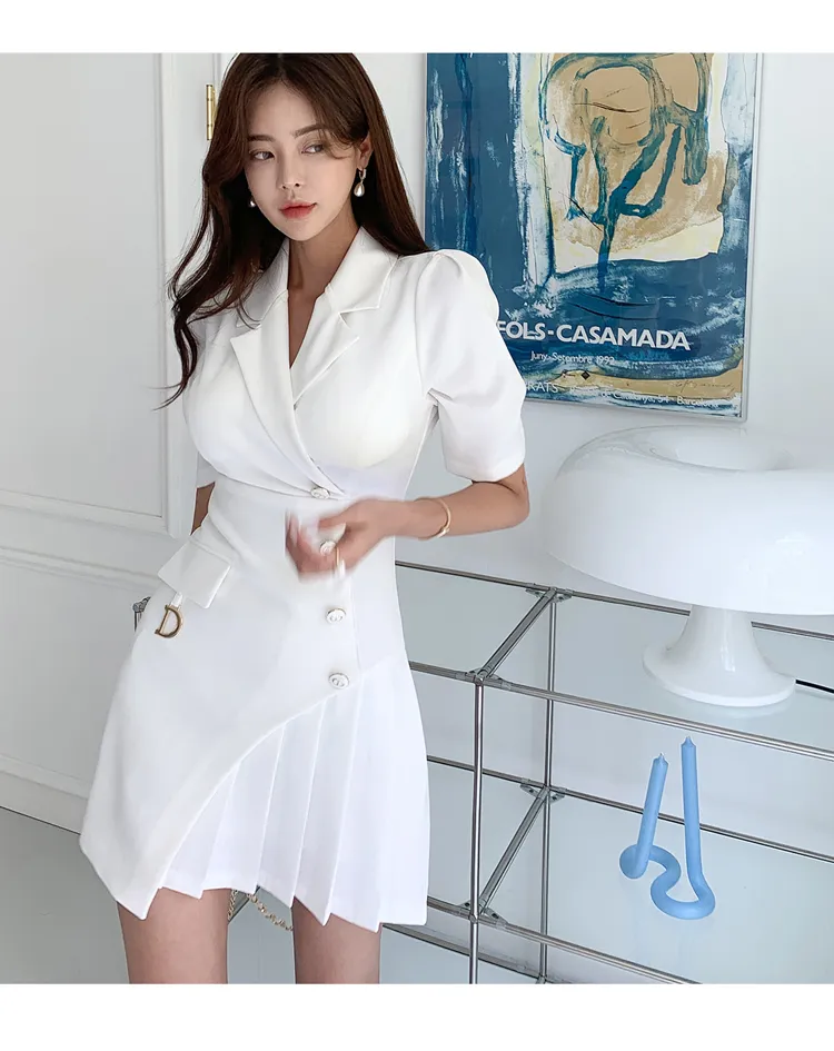 Basic Casual Dresses Elegant Fashion White Office Pencil Dress Women Summer Sheath Button Pleated Dresses Simple Slim Work Party Vestidos 2024