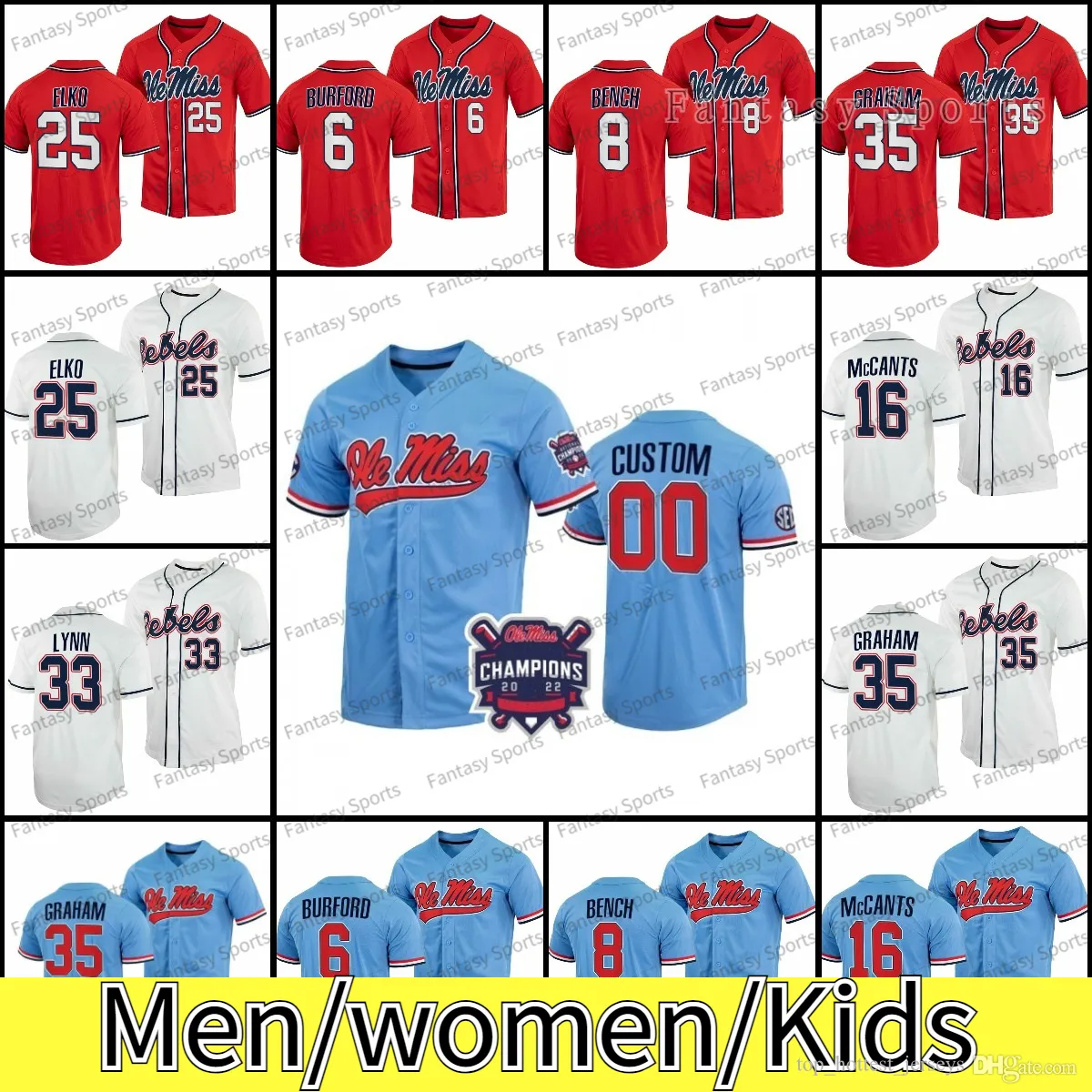 Hayden Dunhurst Ole Miss Baseball Champions tröjor Kevin Graham Judd Utermark TJ McCants Ben Van Cleve Drew McDaniel Calvin Harris Justin Bench Custom Kids Kids