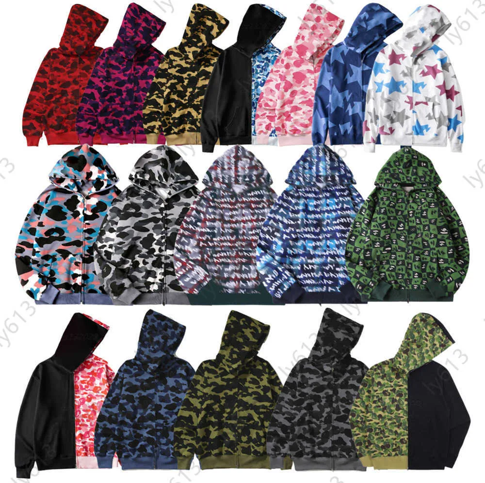 Tasarımcı Hoodie Four Seasons Zip Up Bapes-Hoodie Ceket Maymun Kamuflaj Sweatshirt 3D Dijital Baskı Mektupları İşlemeli Cardigan Shark Hoodie Erkekler için