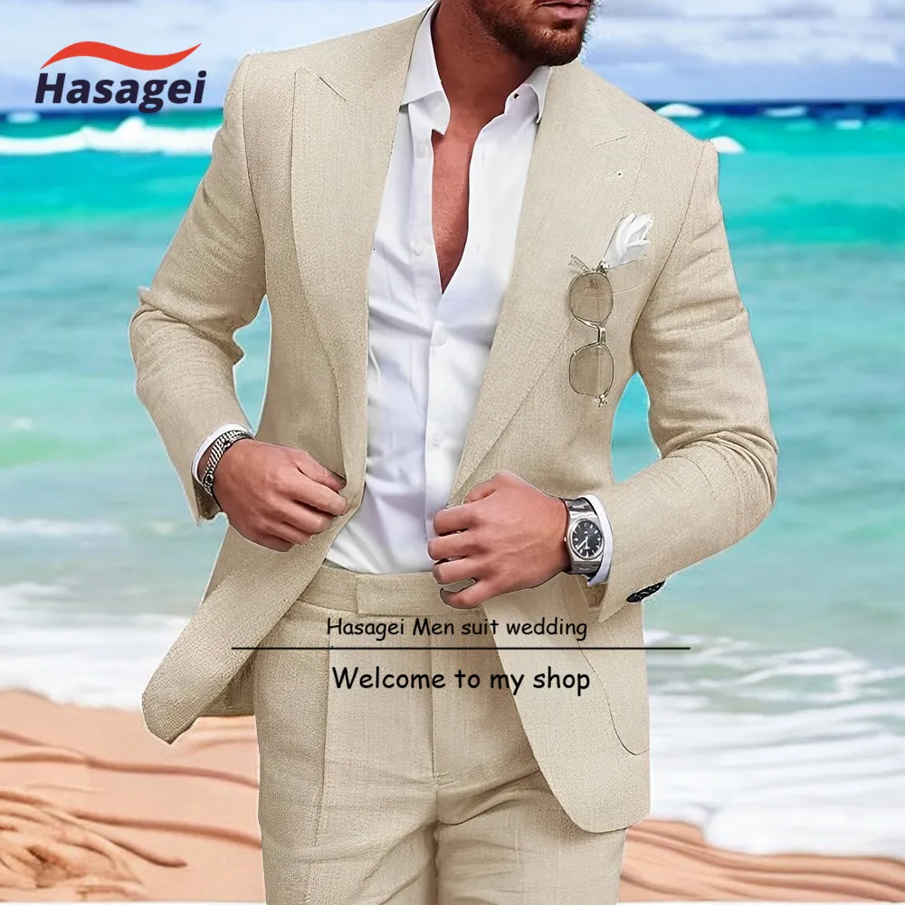 Herenpakken Blazers Heren Linnen Pak Sets voor Zomer Strand Slim Fit 2 Stuk Bruiloft Bruidsjonkers Casual Party 230909