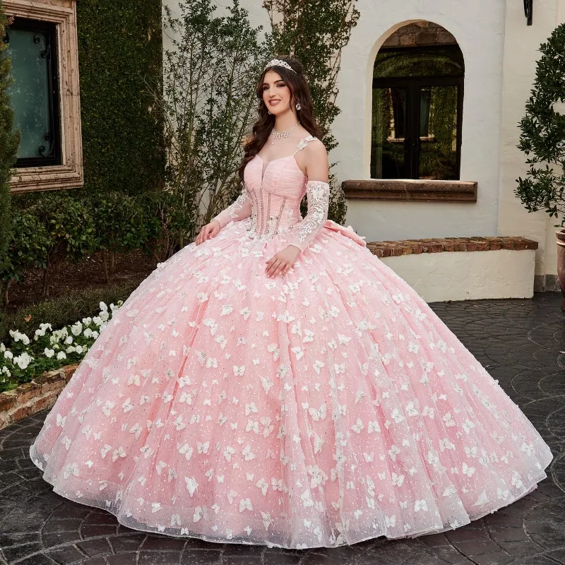 Roze glanzende vlinders boog licht blauw tule quinceanera jurken mouwloze kogel jurk zoete zestien kledingvestidos de 15 jurken