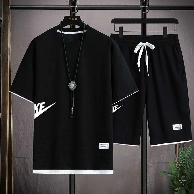 Herrspår 2023 Nya Summer Men's Set Fashion Korean Sportwear Men's Short Sleeve T-Shirt+Sports Shorts Set Men's Casual Jogging Pants Set T230910
