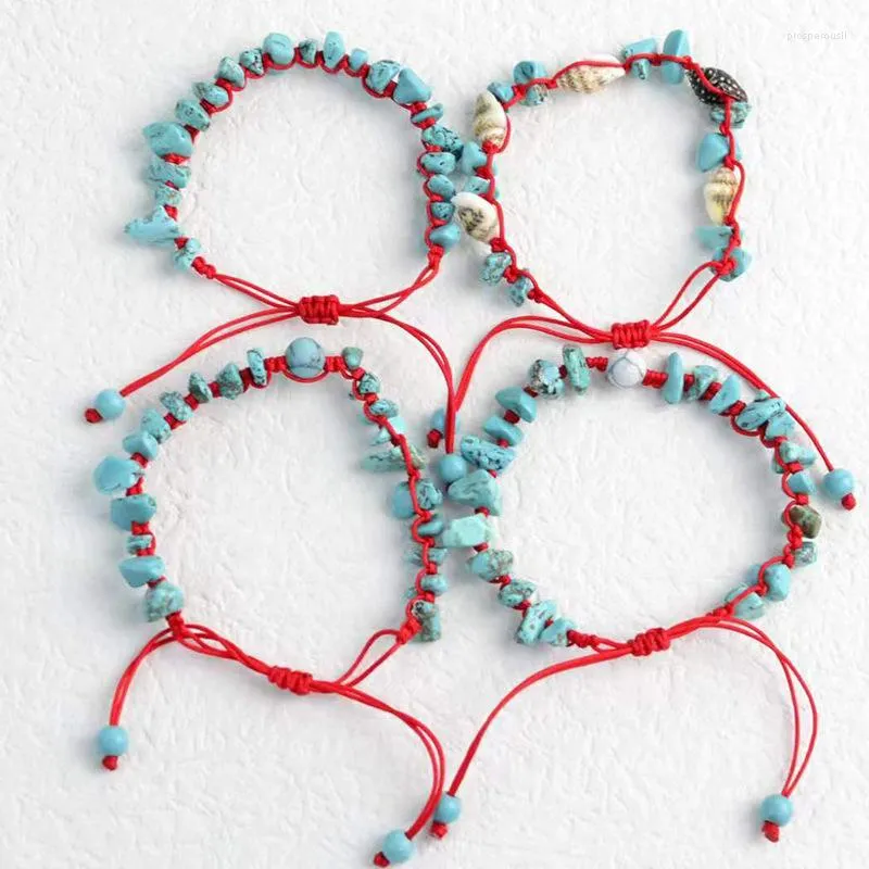 Bracelet en corde nouée en pierre de puces naturelles pour femmes et hommes, perles turquoise faites à la main, tresse de conque rouge, bracelets à breloques réglables