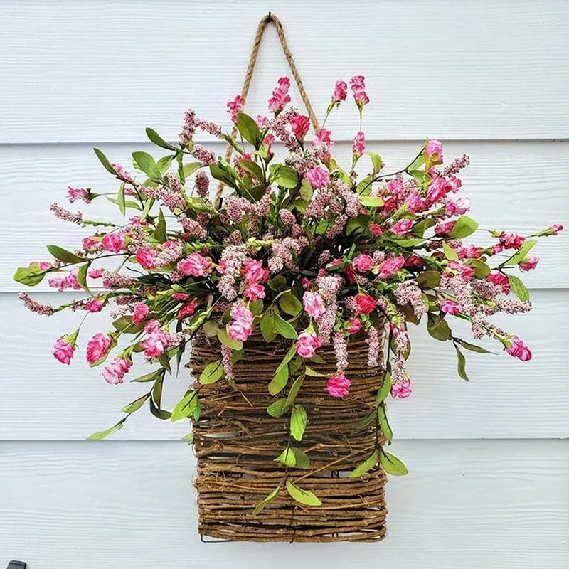 Dekorativa blommor Pink Berry Wildflower Door Hanger Basket Wreath Seasonal Welcome Sign Front Decoration Mors dag Decor