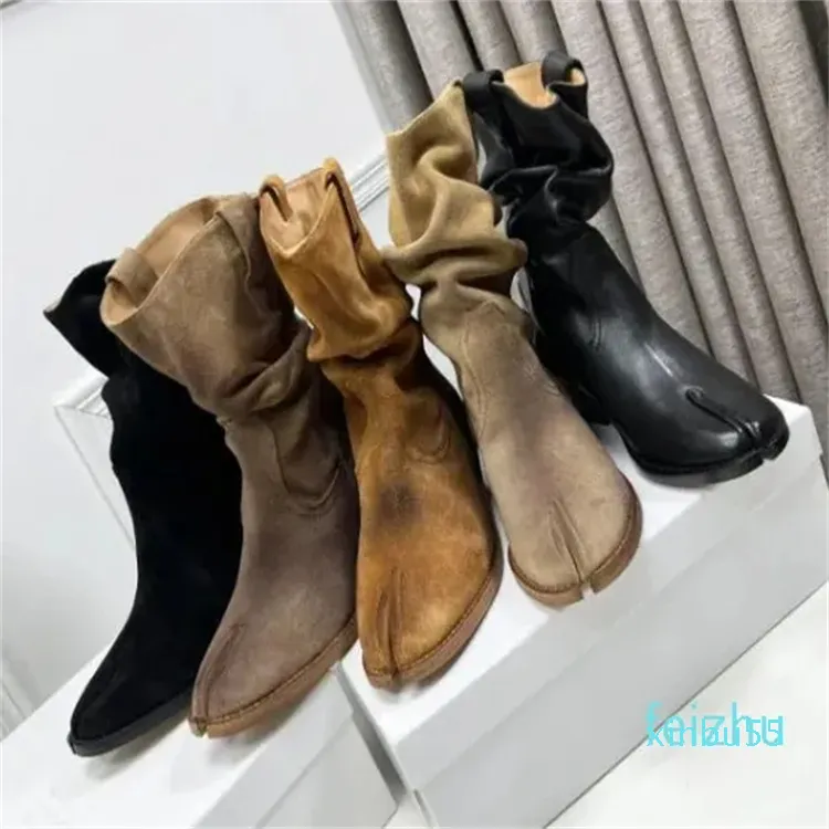 Split Toe Lammleder spitze klobige Blockabsätze Booties Damen Luxus Designer Kleid Party Schuhe Beige Schwarz Stiefeletten