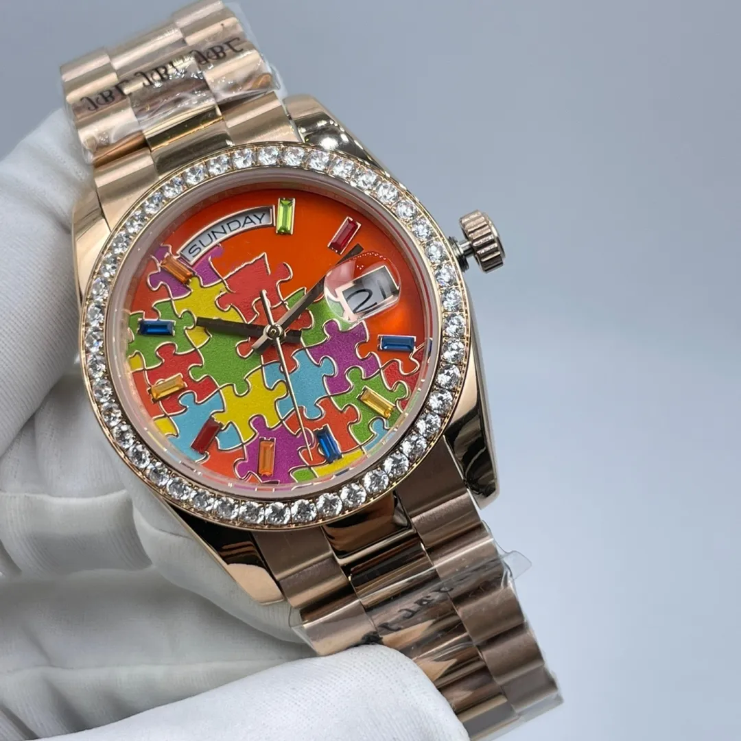 Kvinnors automatiska mekaniska klocka Vattentät vecka kalender emaljerad 36mm diamant bezel rostfritt stål fällbara spänne kvinnors julklocka