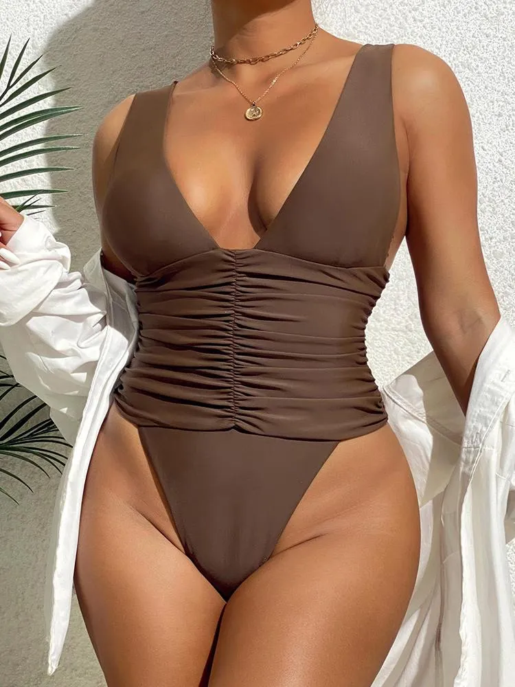 Costumi da bagno da donna Costume intero da donna 2023 Solido scollo a V profondo Monokini Costume da bagno sexy perizoma Abbigliamento da spiaggia femminile Nuoto estivo