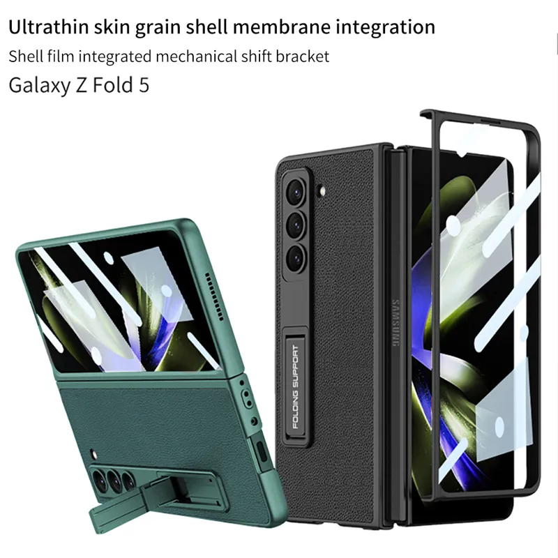 Luxury Carbon Fiber Membrane Vogue Phone Case för Samsung Galaxy Z Folding Fold5 5G Hållbar osynlig konsol Full Protective Lychee Mönster Läderfoldskal