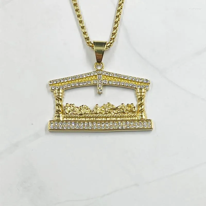 Pendant Necklaces Men's Rhinestone Jesus Head Gold Color Necklace Fashion The Last Supper Hip Hop