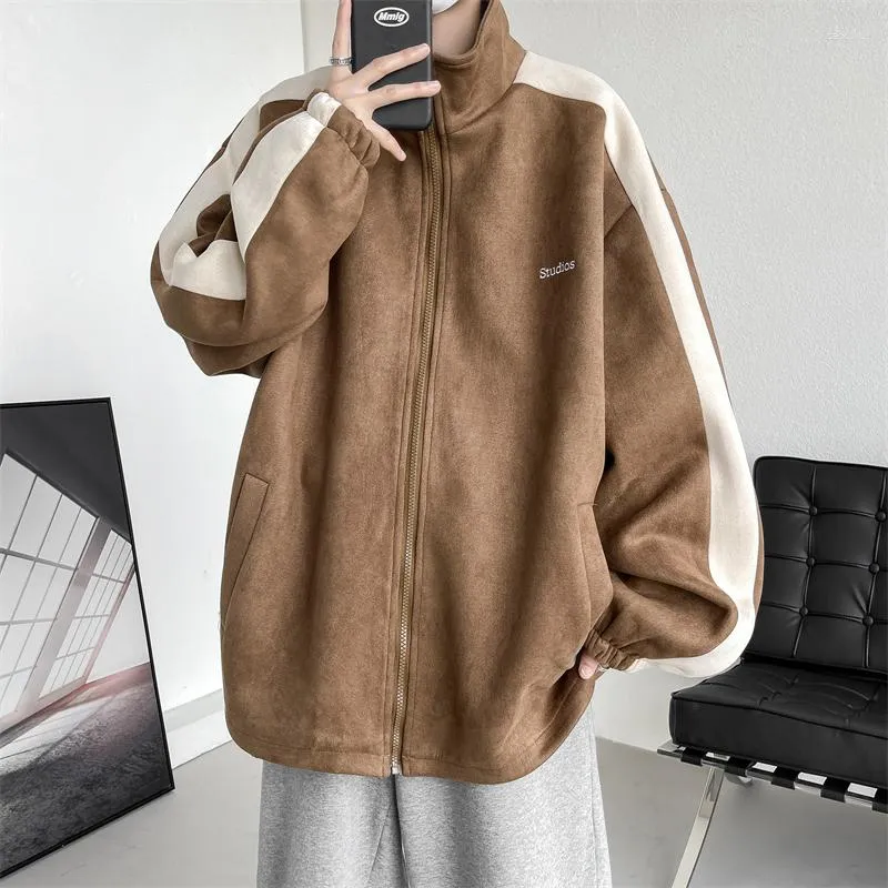 Jaquetas masculinas outono camurça listra trench jaqueta solta casual gola alta casaco coreano moda tamanho grande baggy streetwear