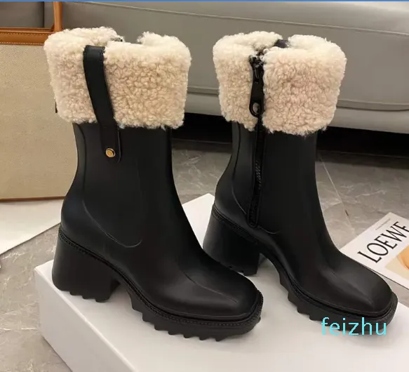 Boots Beeled Fur High heels Knee-high tall Rain Boot Waterproof Welly Rubber Soles Platform Shoes Outdoor RainshoesLuxury Designer factory shoes