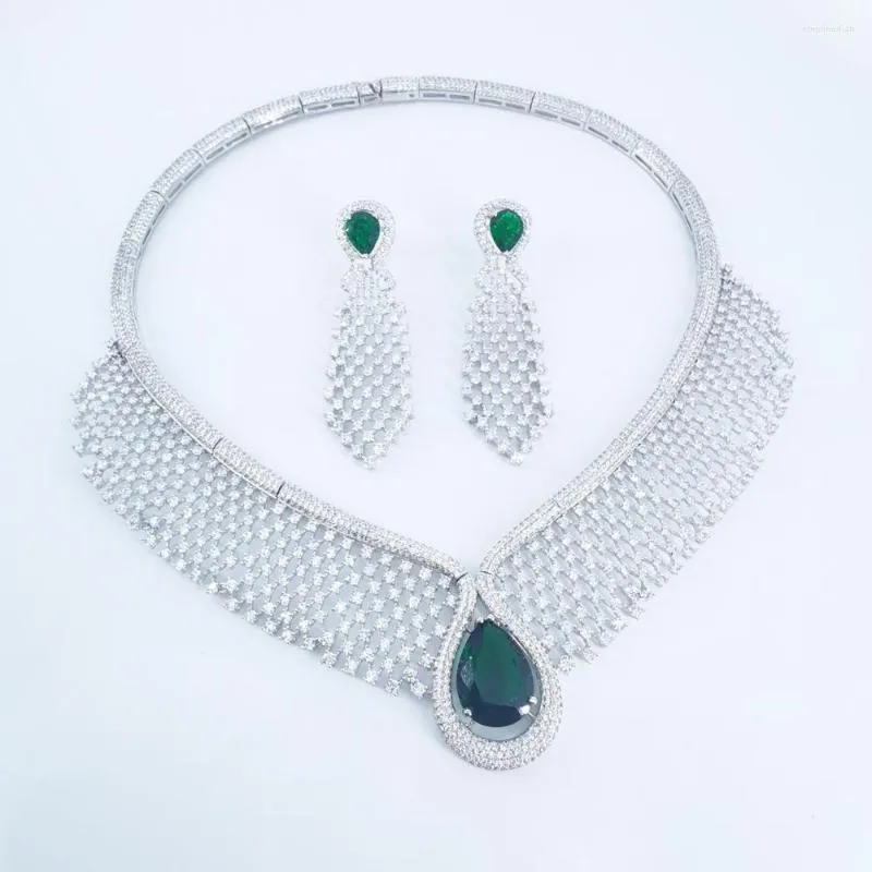 Necklace Earrings Set 2023 Fashion Retro Green Water Drop Cz Zircon Golden Earring Wedding Bride Banquet Dress Dinner Jewelry