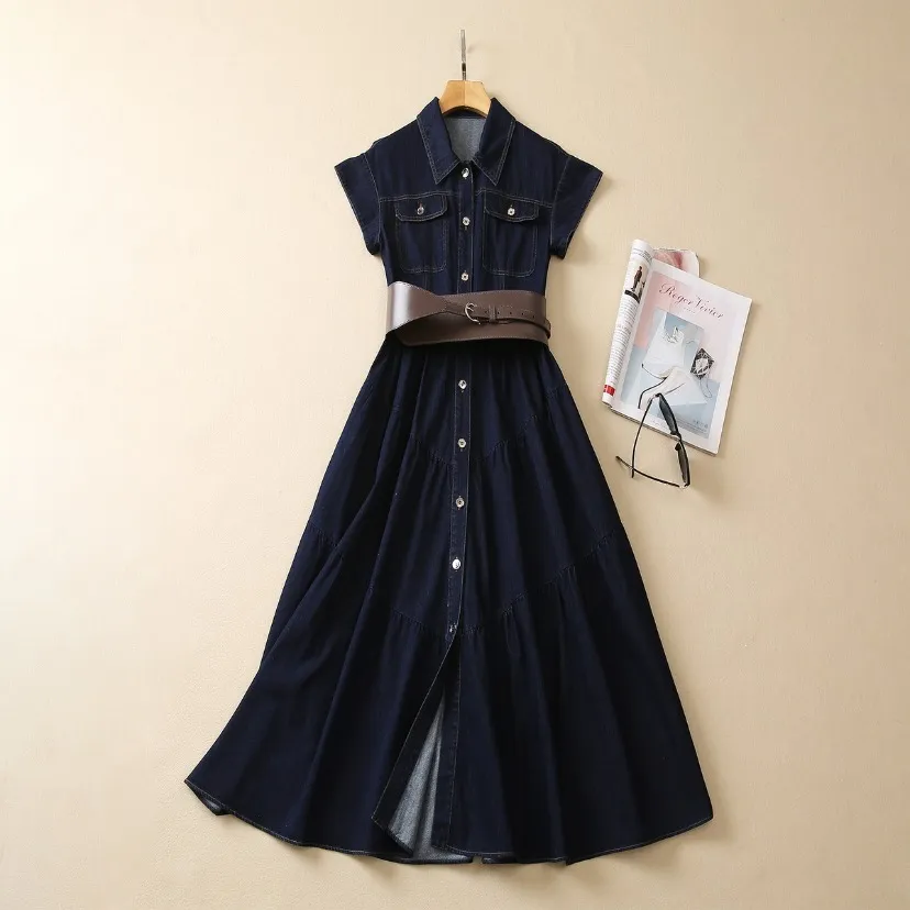 Robe chemise en Denim avec ceinture, couleur unie, bleue, manches courtes, col à revers, Double poches, simple boutonnage, robes décontractées, S3L220621, 2023