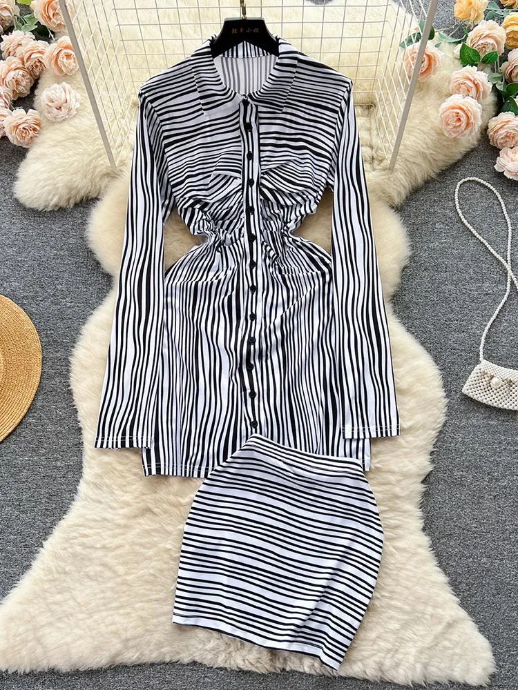 Work Dresses Women Spring Autumn Dress Sets Vintage Fashion Stripe Set Long Sleeve Pleated Tight Shirt Short Hip Wrap Half Skirt D4481