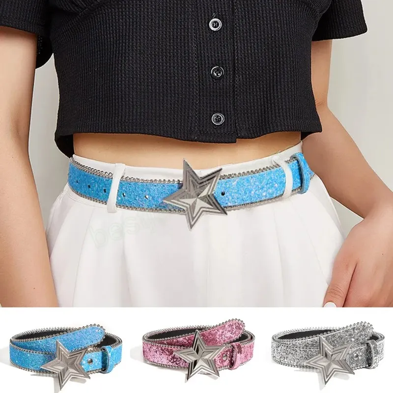 Y2K Star Buckle Rhinestone Sequin Belt Leather Midjeband Justerbar fast färg Punk Metal Pentagram Women Party Midjeband