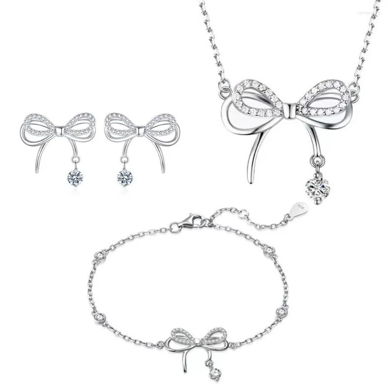 Ensemble collier et boucles d'oreilles en argent S925, pendentif papillon intelligent avec nœud papillon pour femmes, bijoux à la mode, cadeaux de fête