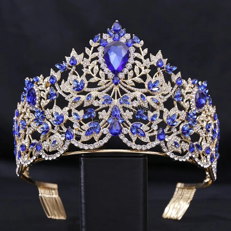 Grande couronne de cristal vert bleu pour femmes et filles, diadèmes de mariée élégants, accessoires pour cheveux, bandeaux