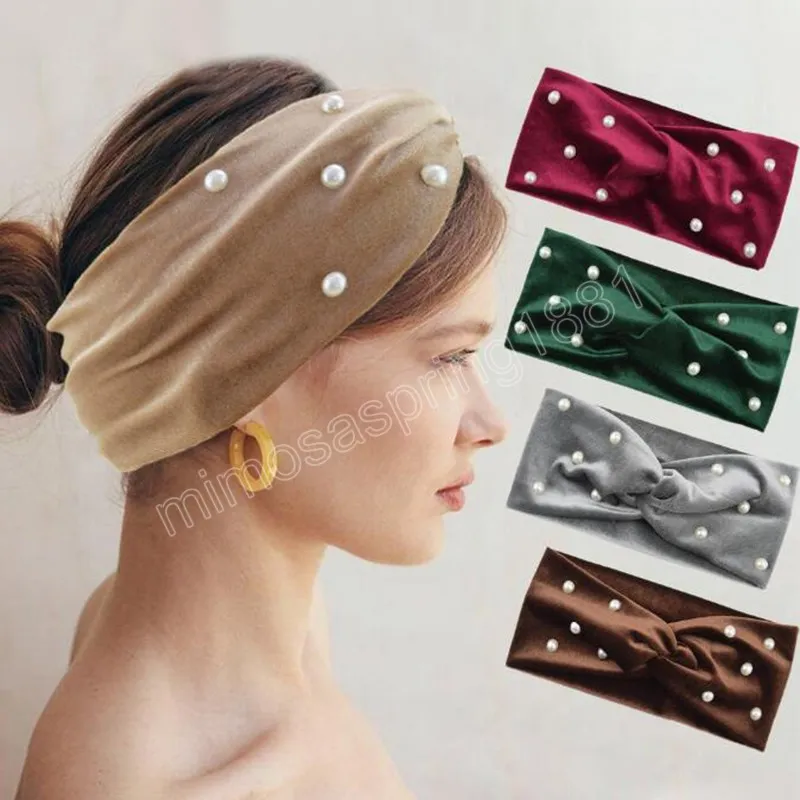 Nieuwe Mode Hoofdband Voor Vrouwen Kruis Knoop Hoge Elastische Hoofddeksels Glanzende Parels Haarband Herfst Haaraccessoires