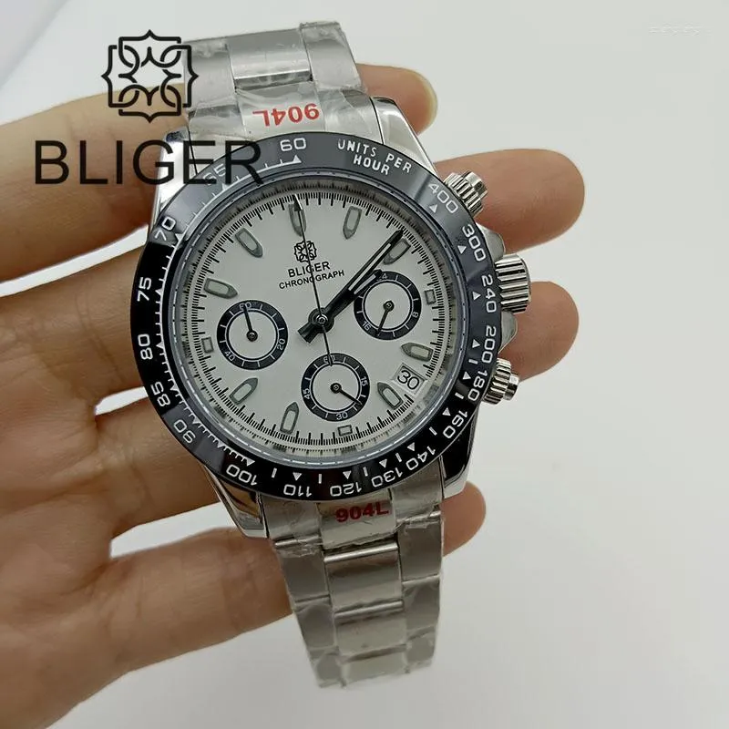 Relógios de pulso 39mm VK63 Japão Quartzo Cronógrafo Relógio Masculino Dial Branco Luminoso Vidro Safira À Prova D 'Água Multifuncional Pulseira de Aço