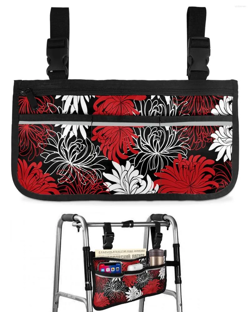 Sacos de armazenamento flor vermelho branco preto crisântemo saco de cadeira de rodas com bolsos braço lado scooter elétrico andando bolsa