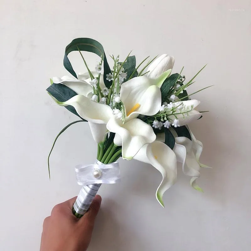 Fleurs de mariage Bouquet de mariée Fleur Artificielle Real Touch PU blanc Calla Lily demoiselle d'honneur Fleur fille mariage déco petit