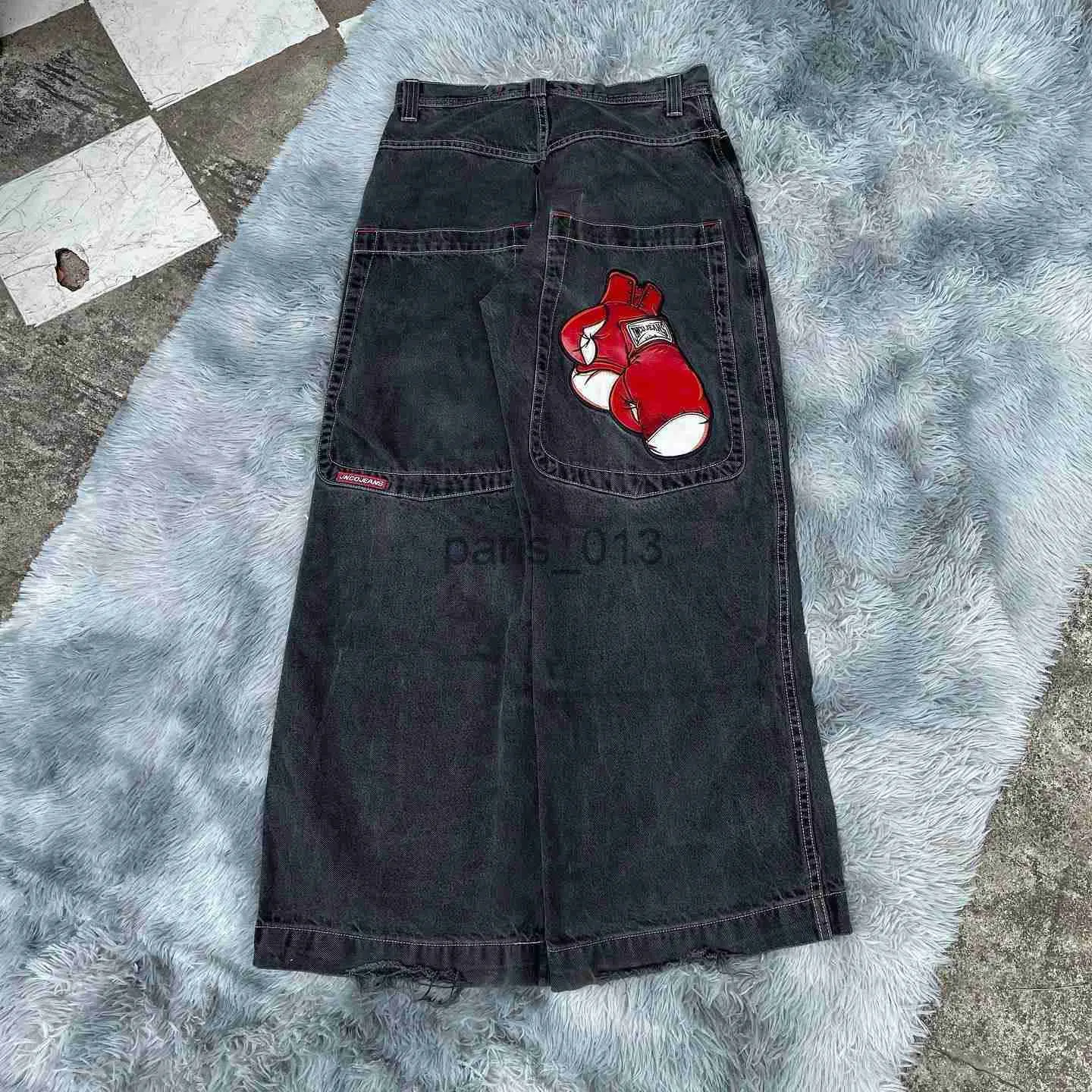 Erkekler Kot erkek kot jnco y2k sokak giysisi hip hop boks eldivenleri grafik baskısı bülbeli siyah pantolon erkekler kadınlar harajuku gotik geniş pantolon 230807 x0911