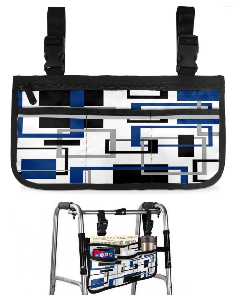 Sacs de rangement Géométrie abstraite Carré Art moderne Noir Bleu Sac pour fauteuil roulant Accoudoir latéral Scooter électrique Pochette pour cadre de marche