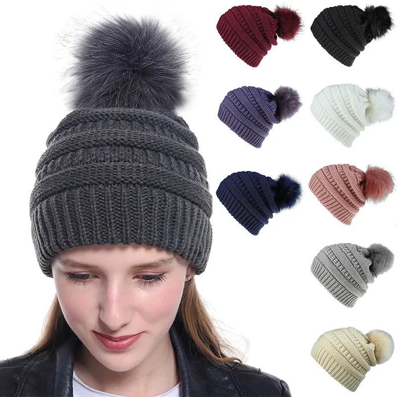 Winter Faux Fur Pompom Bal Gebreide Mutsen Hoed Voor Vrouwen Wollen Warme Streep Gehaakte Caps Kerstcadeau M259O